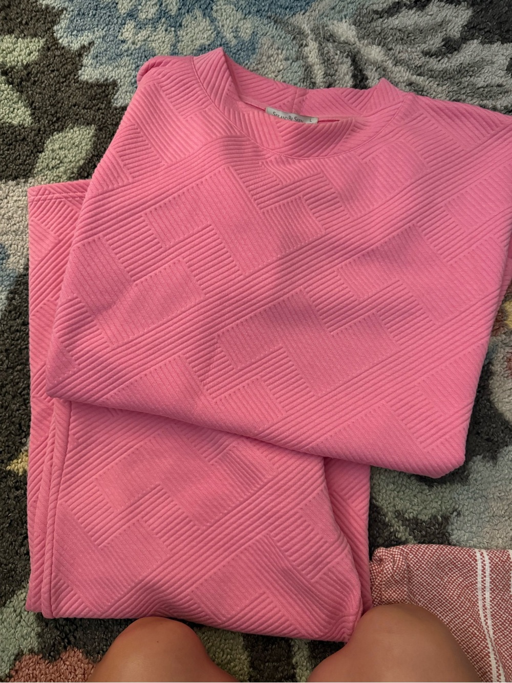 Pink Textured Crop Pants & Top Set - Womens
